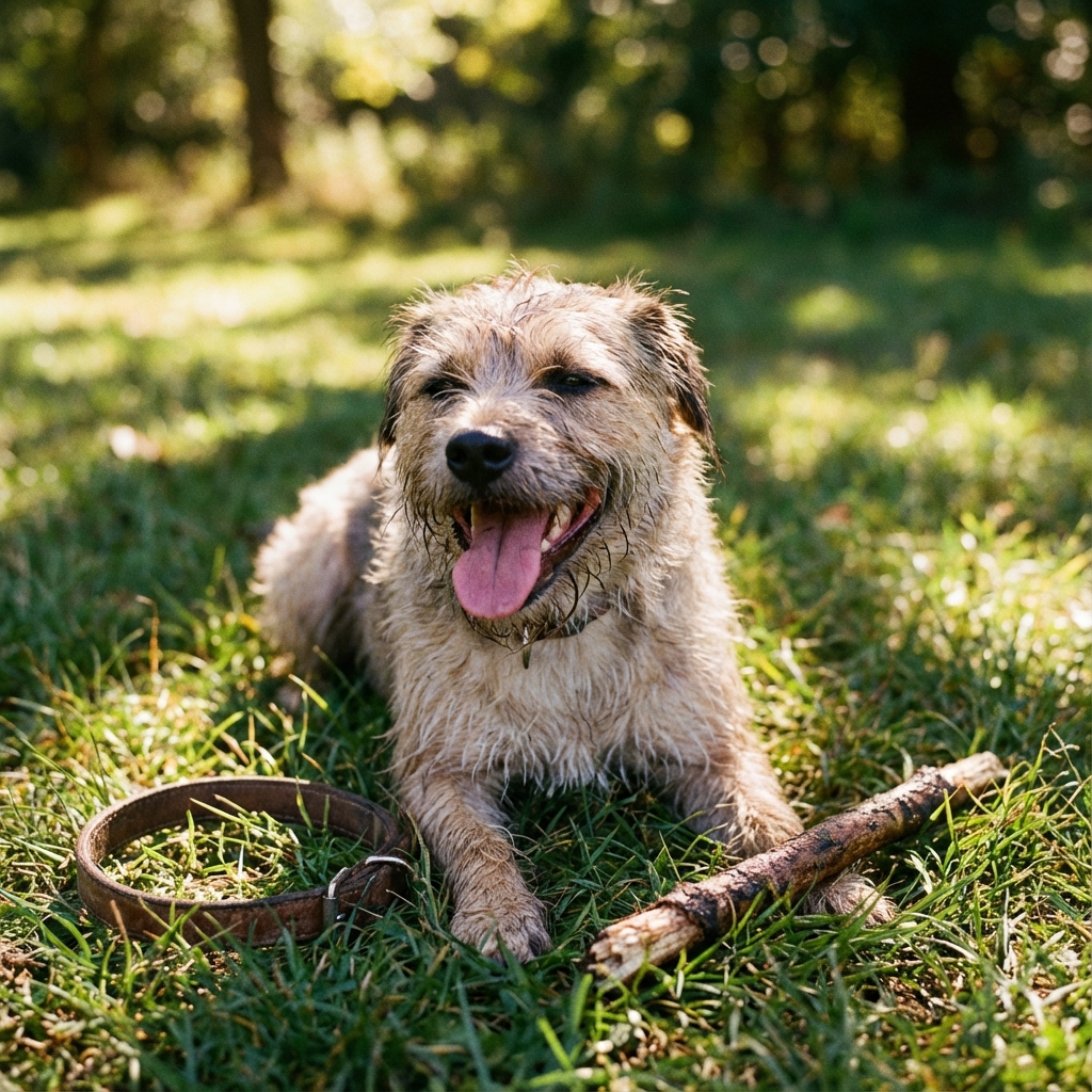 A happy, satisfied dog resting after a walk